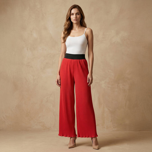 Red Wide Leg Crinkle Pleated Palazzo
