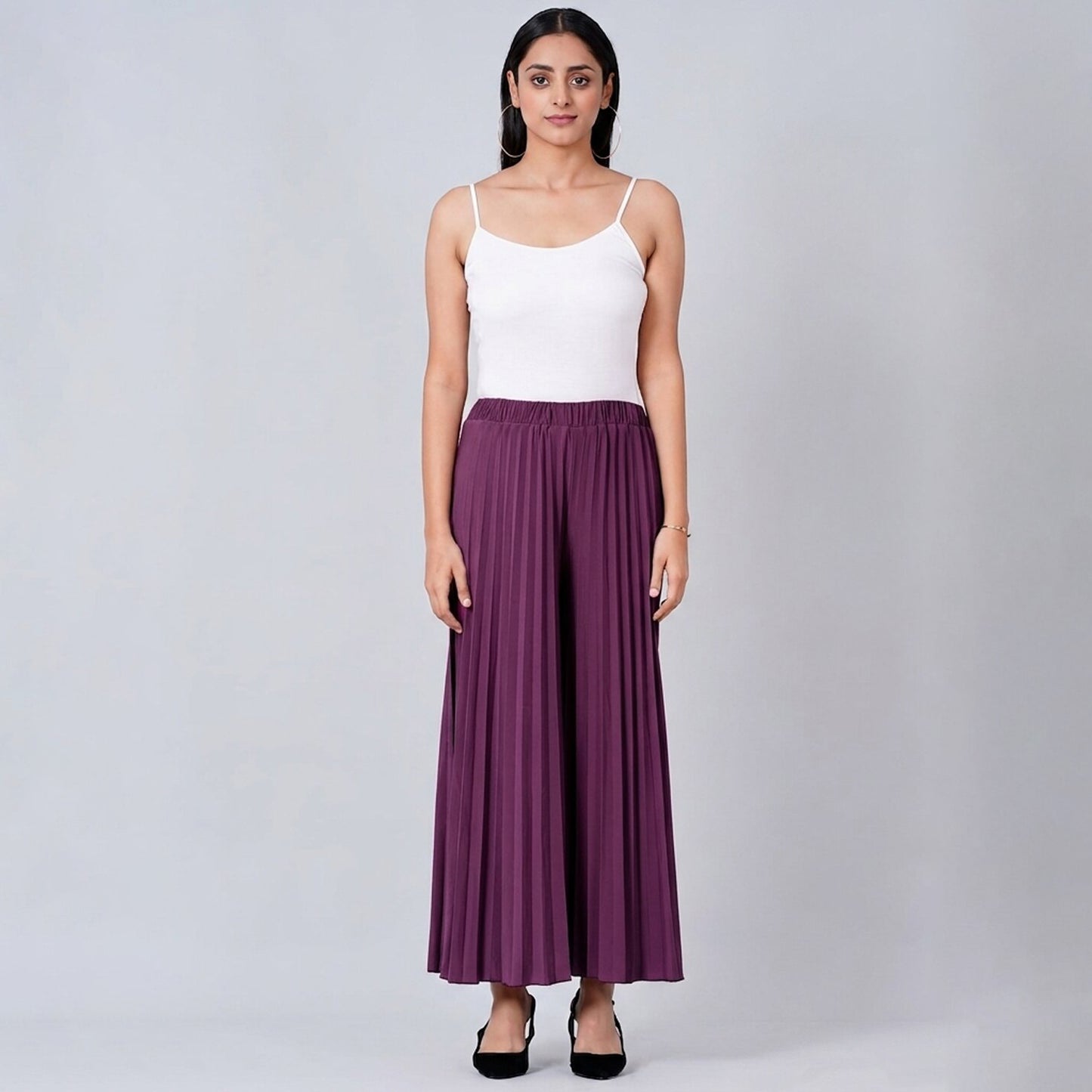 Plum Purple Pants for Women – Viscose Lycra – Model View | First Resort by Ramola Bachchan