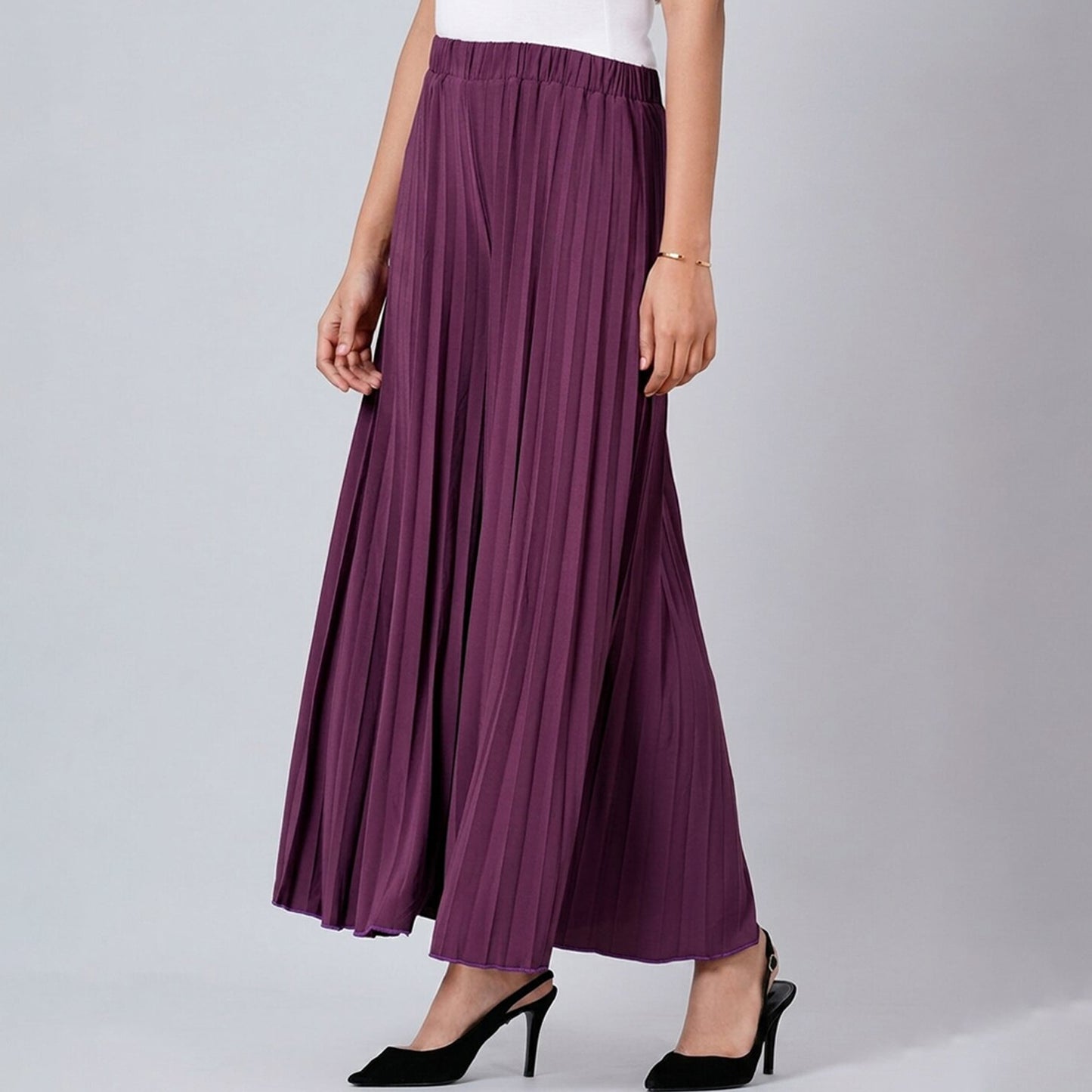 Plum Purple Pants for Women – Viscose Lycra – Side View | First Resort by Ramola Bachchan