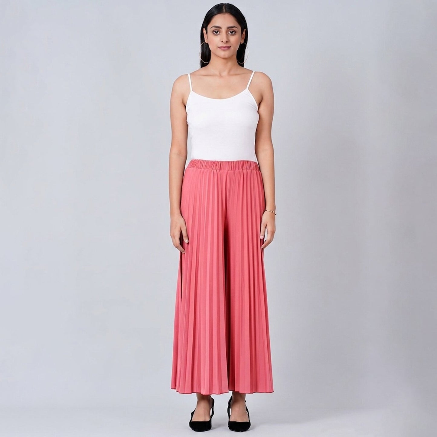 Salmon Pink Pants for Women – Viscose Lycra – Model View | First Resort by Ramola Bachchan