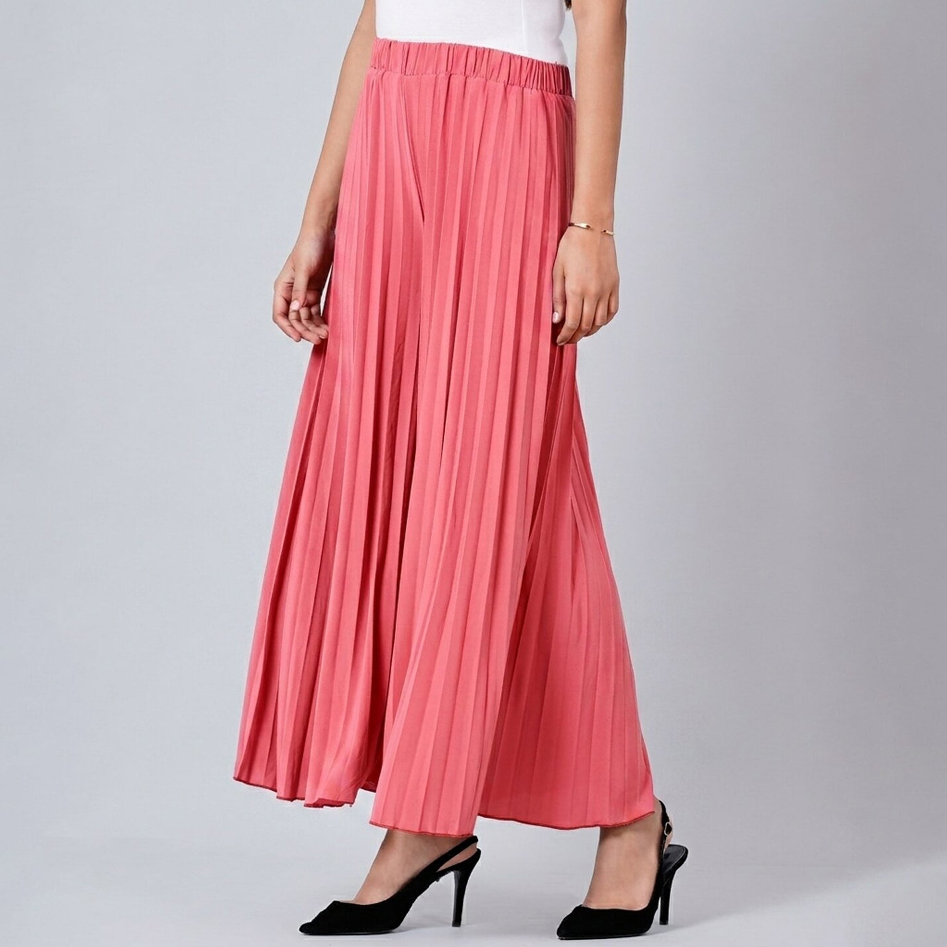 Salmon Pink Pants for Women – Viscose Lycra – Side View | First Resort by Ramola Bachchan