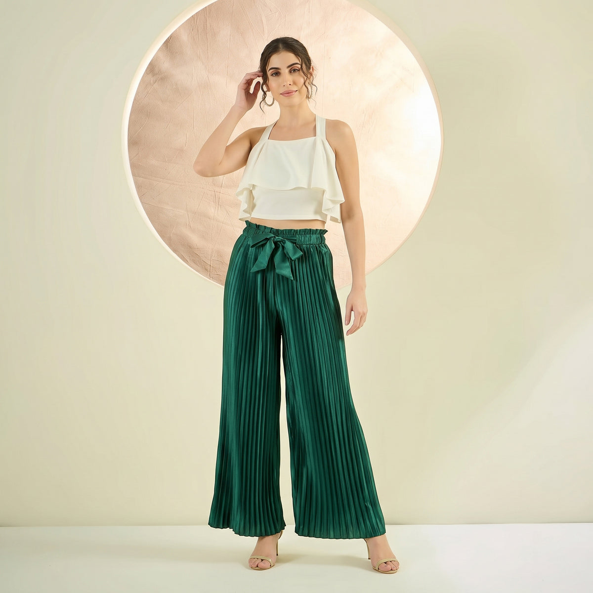 Bottle Green Pants for Women – Polyester Satin | First Resort by Ramola Bachchan