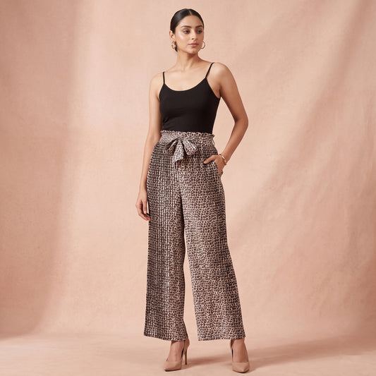 Brown Animal Print Pants for Women – Polyester Satin | First Resort by Ramola Bachchan