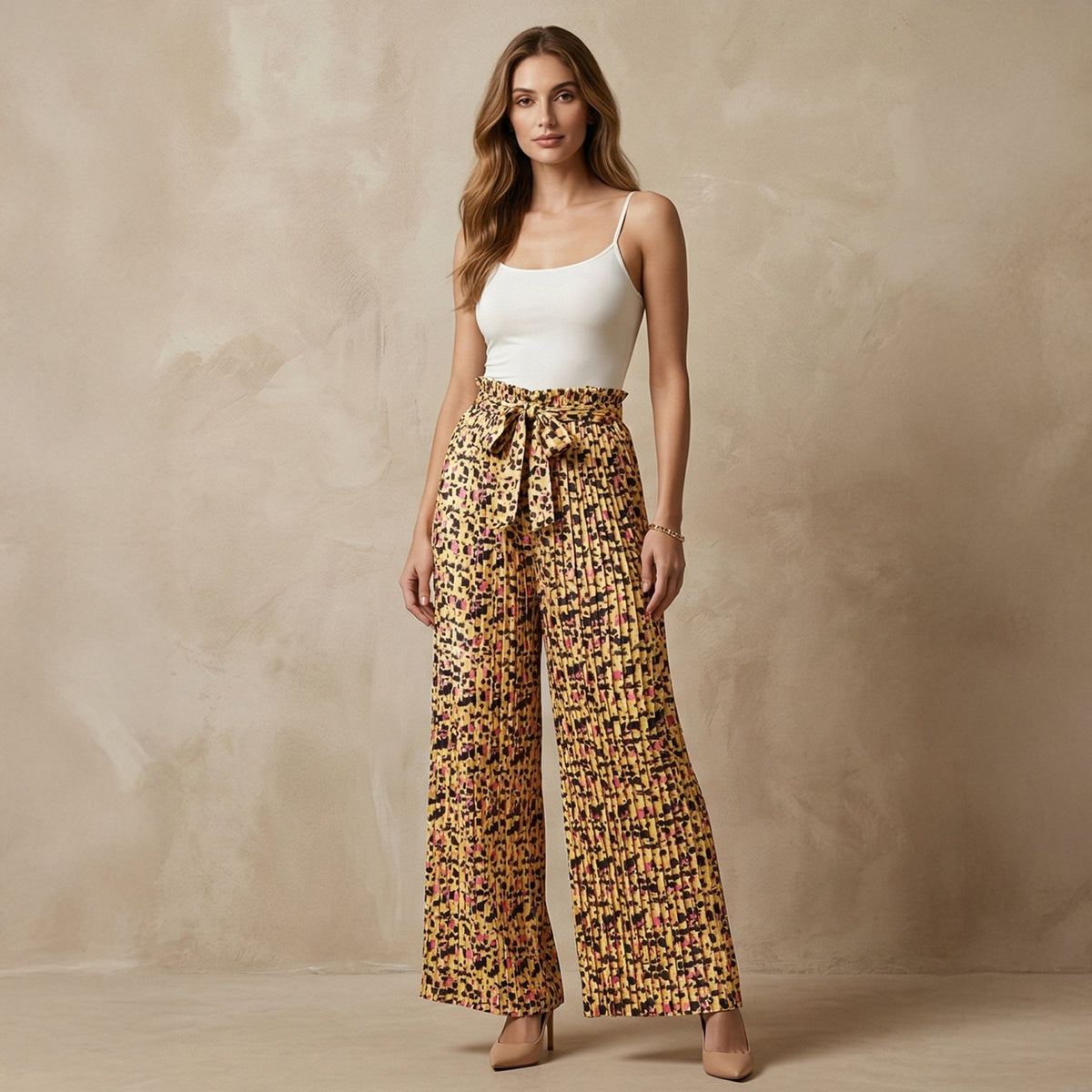 Yellow Animal Print Pants for Women – Polyester Satin | First Resort by Ramola Bachchan