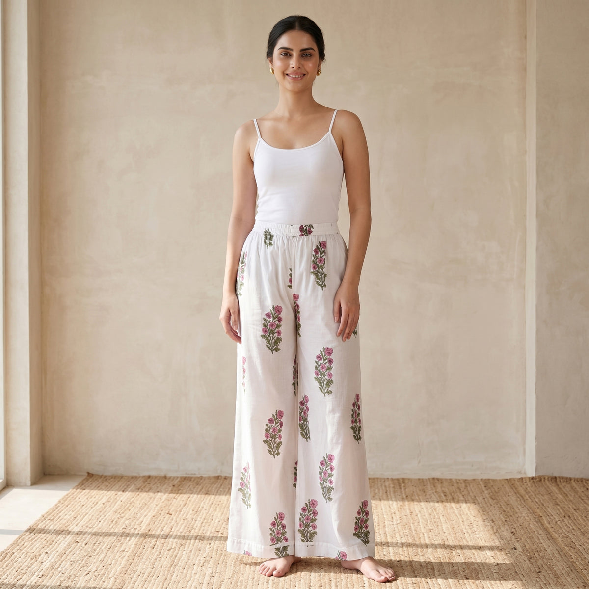 White Floral Print Pants for Women – Cotton Cambric | First Resort by Ramola Bachchan