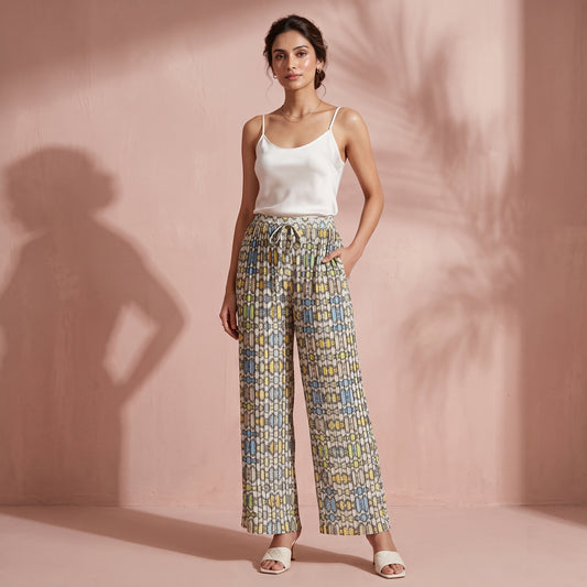 Yellow Geometric Print Pants for Women – Polyester Satin | First Resort by Ramola Bachchan