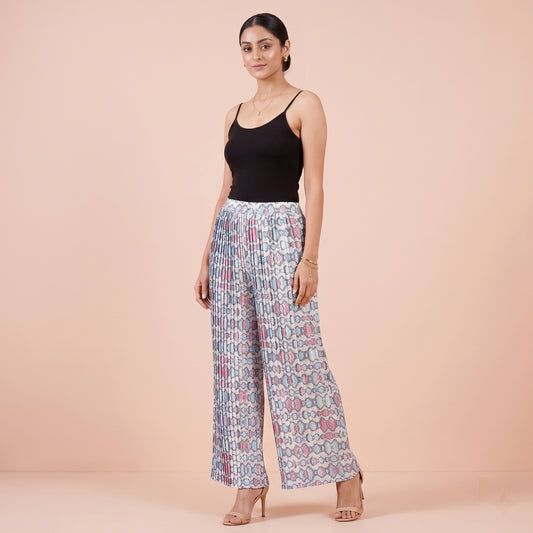 Blue Geometric Print Pants for Women – Polyester Satin | First Resort by Ramola Bachchan