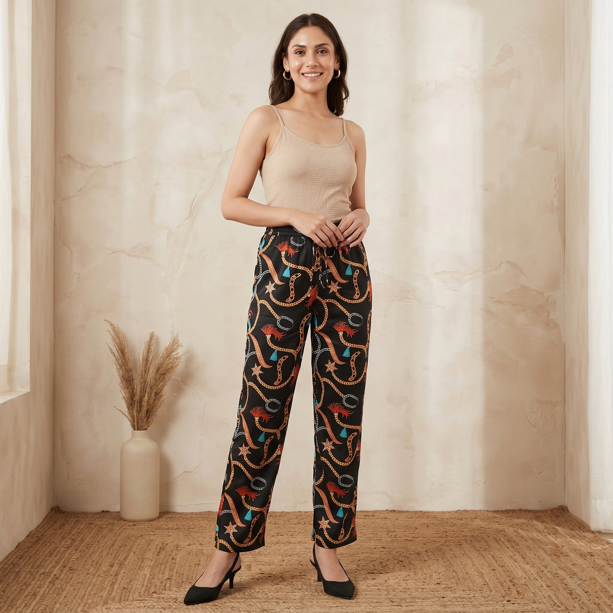 Black Chain Print Pants for Women – Polyester Satin | First Resort by Ramola Bachchan