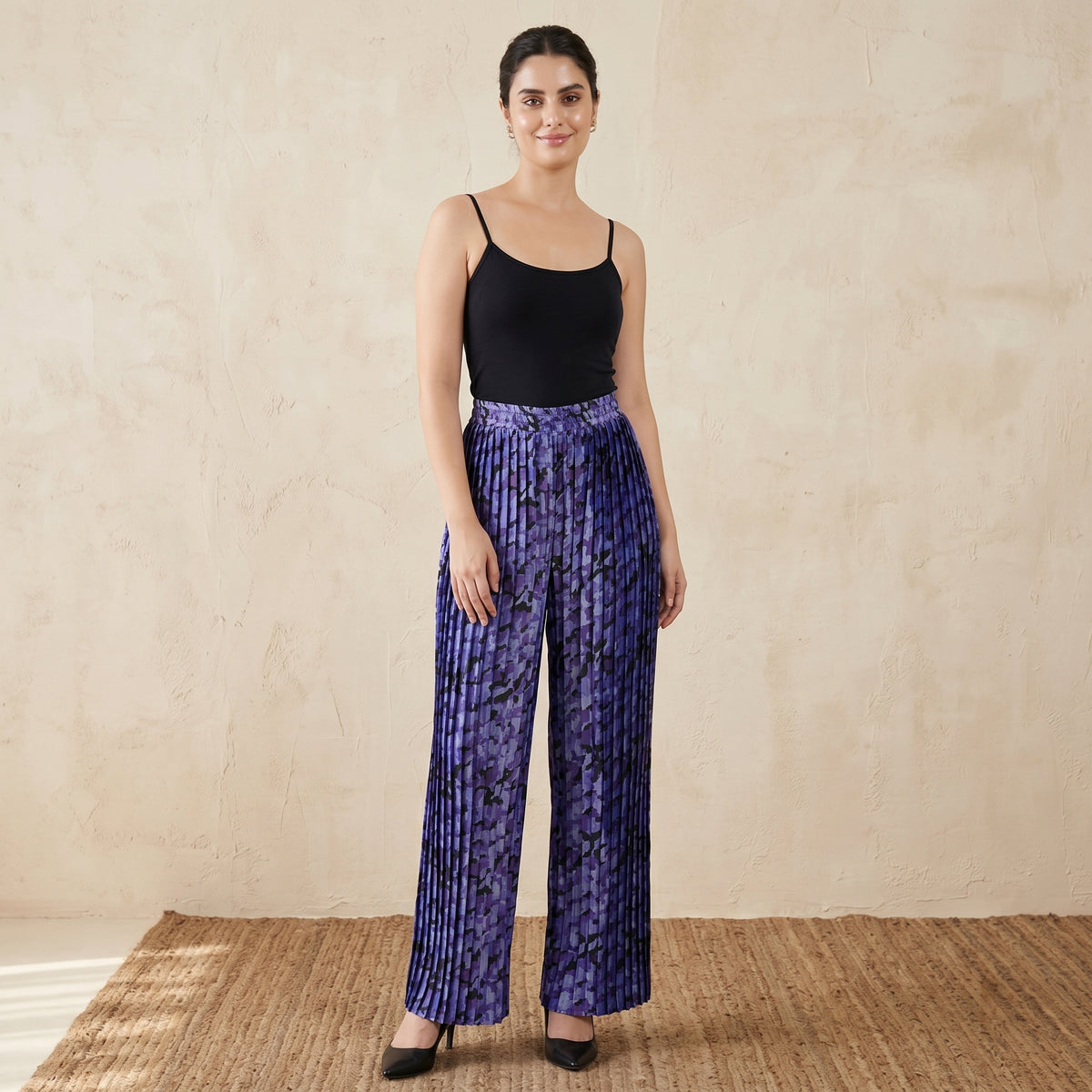 Blue Camouflage Print Pants for Women – Polyester Satin | First Resort by Ramola Bachchan