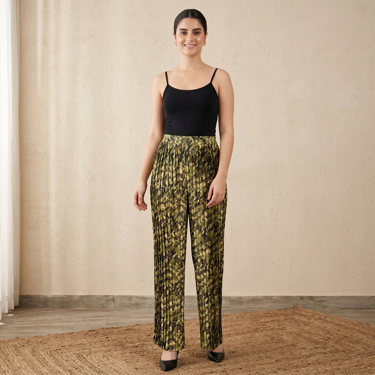 Forest Green Camouflage Print Pants for Women – Polyester Satin | First Resort by Ramola Bachchan