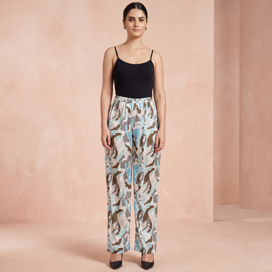Aqua Abstract Camouflage Print Pants for Women – Polyester Satin | First Resort by Ramola Bachchan