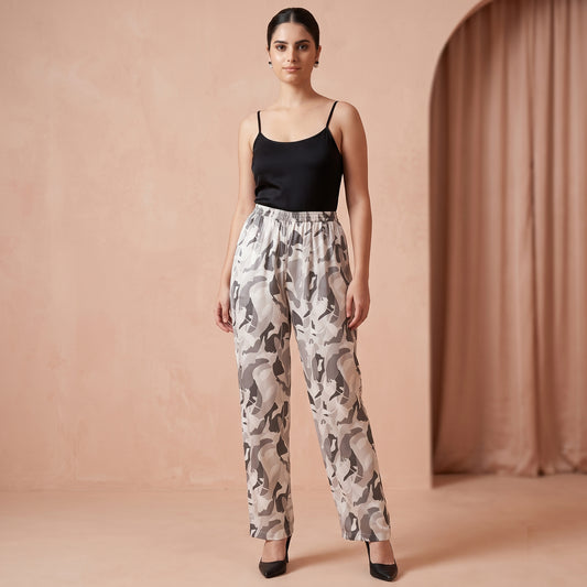 Grey Abstract Camouflage Print Pants for Women – Polyester Satin | First Resort by Ramola Bachchan