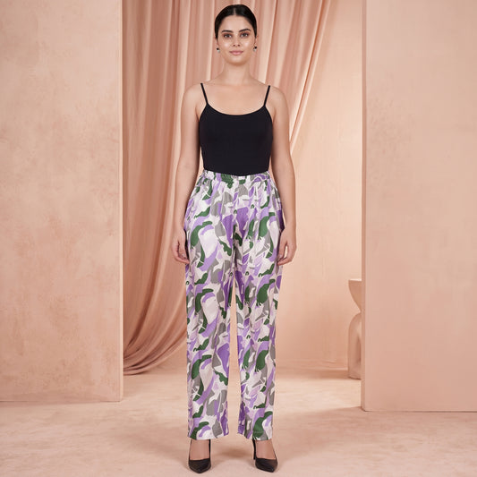 Purple Abstract Camouflage Print Pants for Women – Polyester Satin | First Resort by Ramola Bachchan
