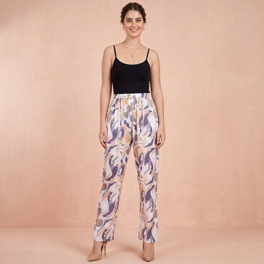 Tan Abstract Camouflage Print Pants for Women – Polyester Satin | First Resort by Ramola Bachchan