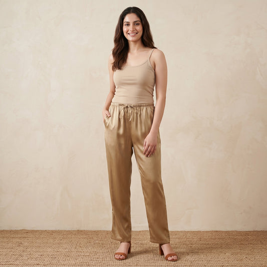 Gold Pants for Women – Polyester Satin | First Resort by Ramola Bachchan