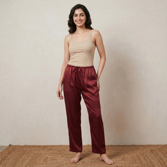 Maroon Pants for Women – Polyester Satin | First Resort by Ramola Bachchan