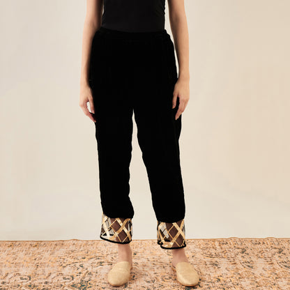 Black Silk Velvet Straight Pants with Gota Lace Detail