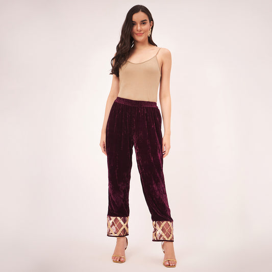 Maroon Silk Velvet Straight Pants with Gota Lace Detail