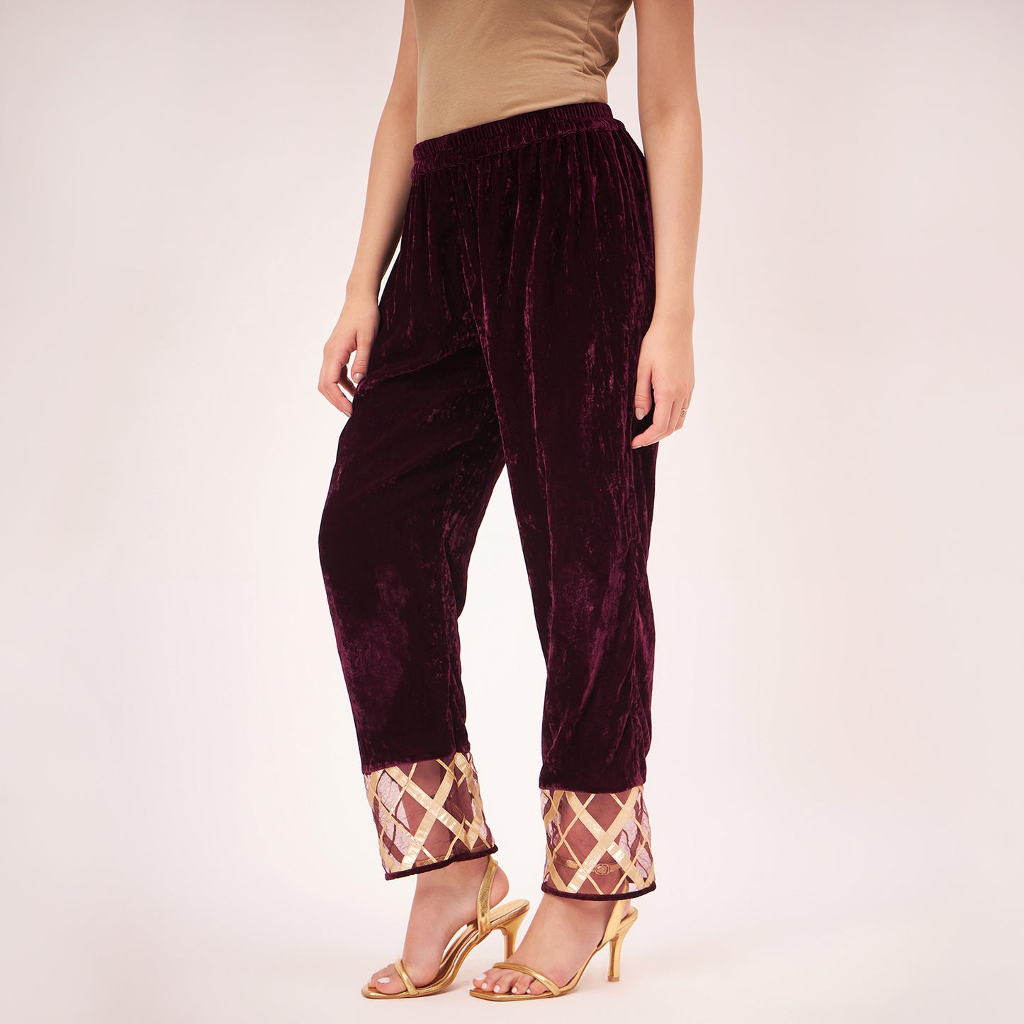 Maroon Silk Velvet Straight Pants with Gota Lace Detail