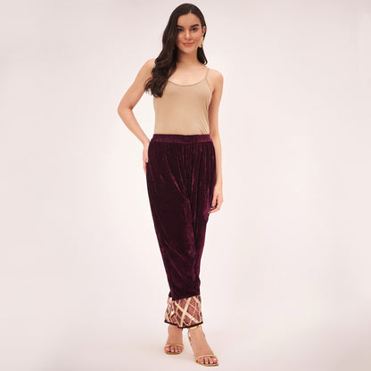 Maroon Silk Velvet Straight Pants with Gota Lace Detail