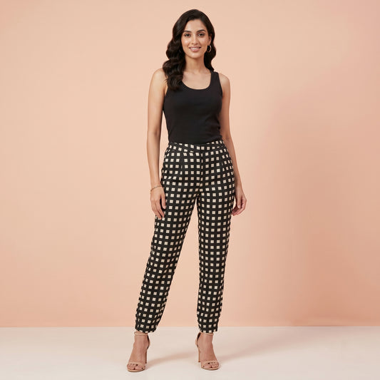 Ivory And Black Box Print Pants for Women – Satin Georgette | First Resort by Ramola Bachchan