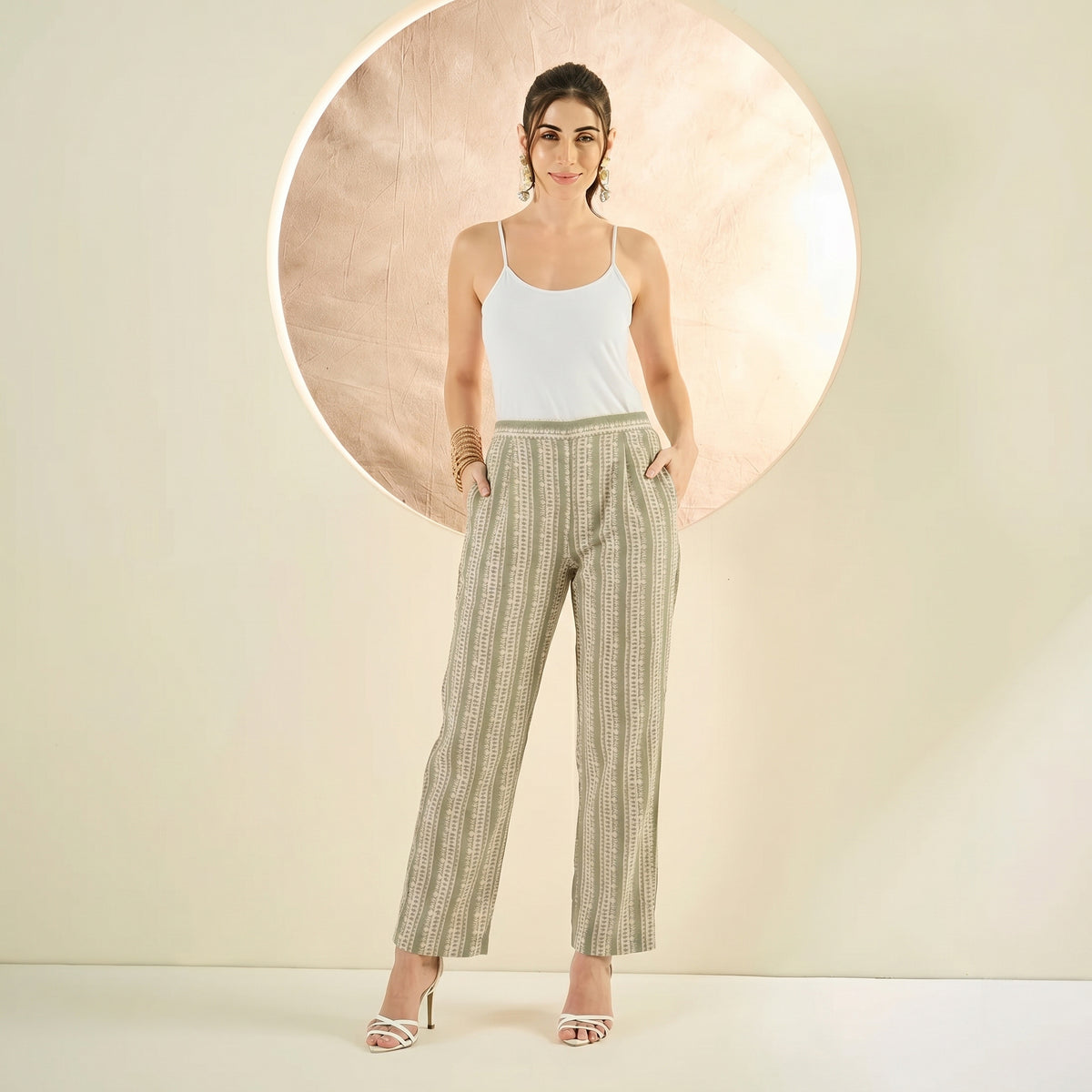 Sage Green And Ecru Stripe Print Pants for Women – Viscose Mul Mul | First Resort by Ramola Bachchan