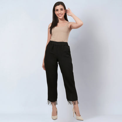 Black Linen Pants with Bead Lace