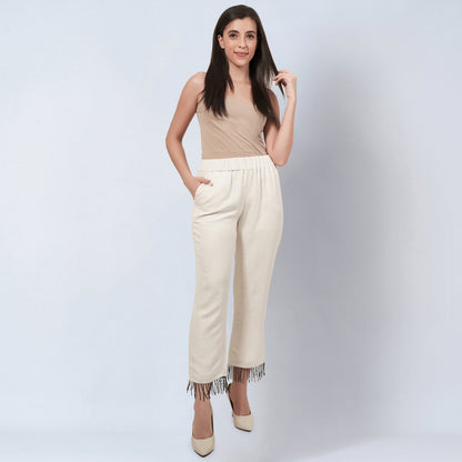 Off White Linen Pants with Bead Lace