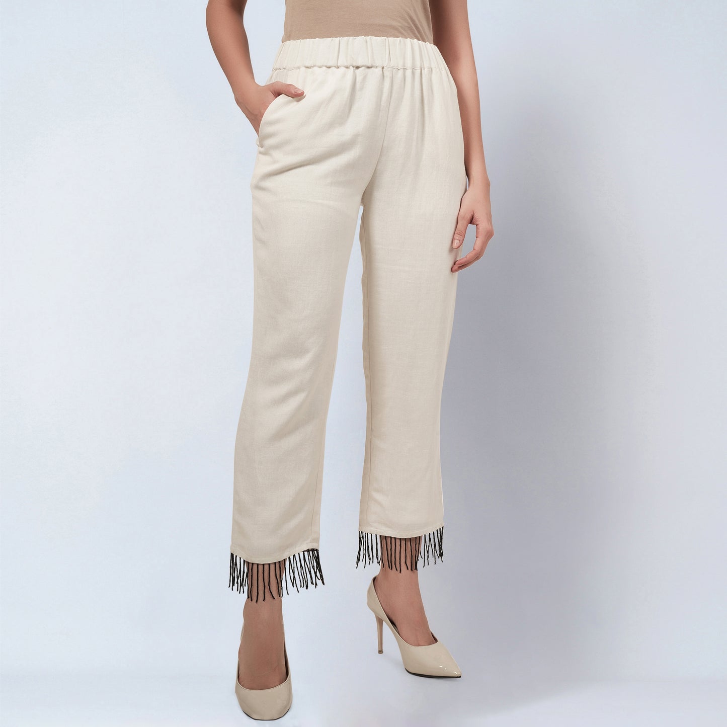 Off White Linen Pants with Bead Lace
