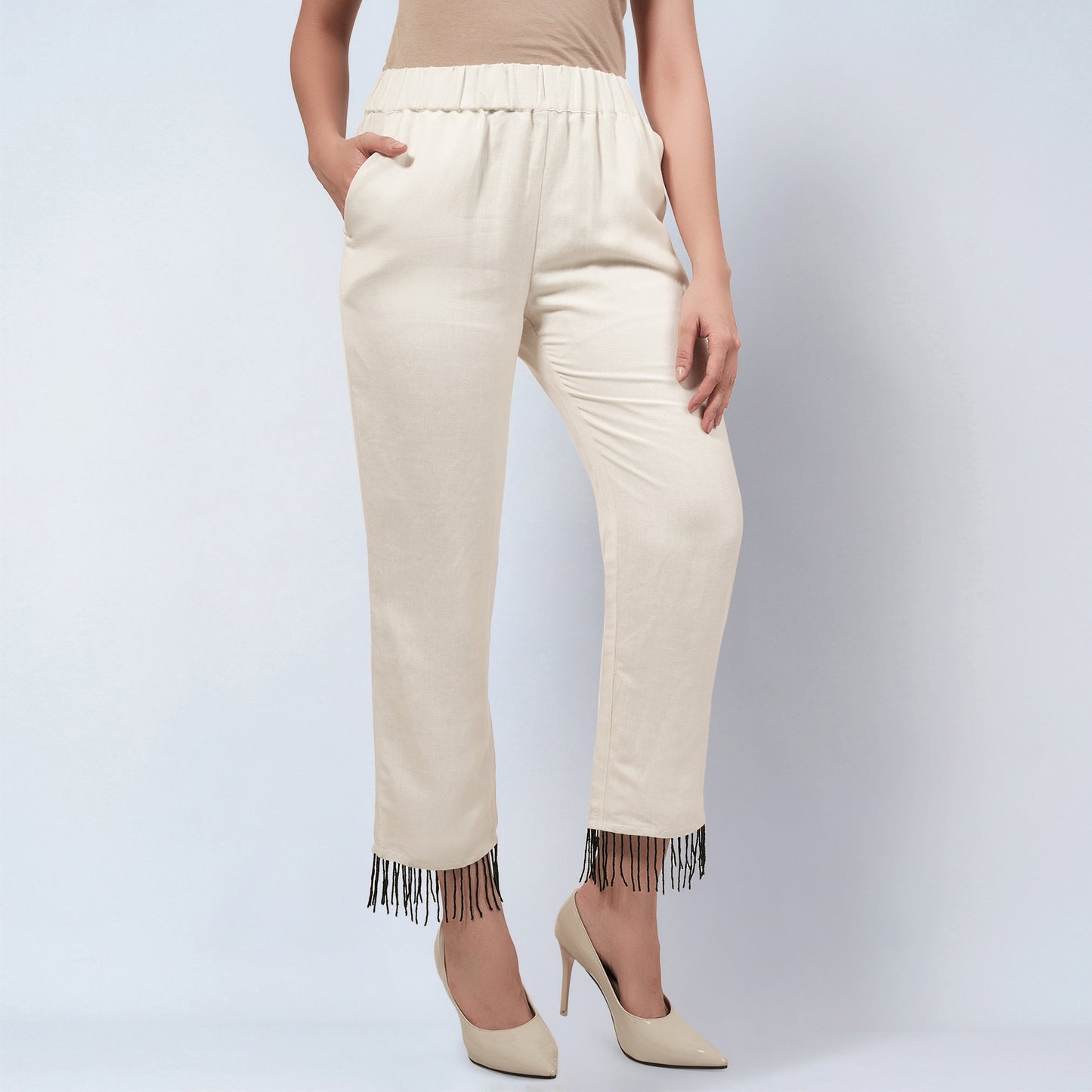Off White Linen Pants with Bead Lace