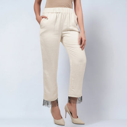 Off White Linen Pants with Bead Lace