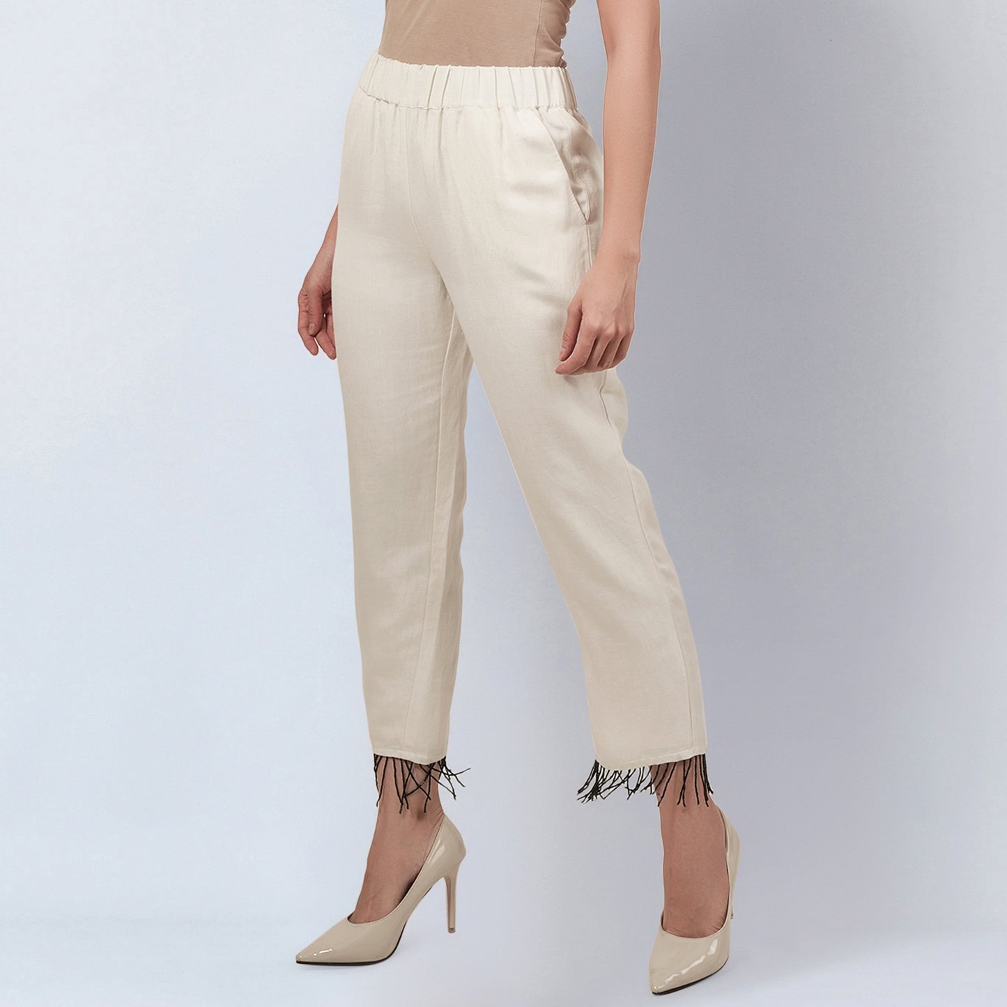 Off White Linen Pants with Bead Lace