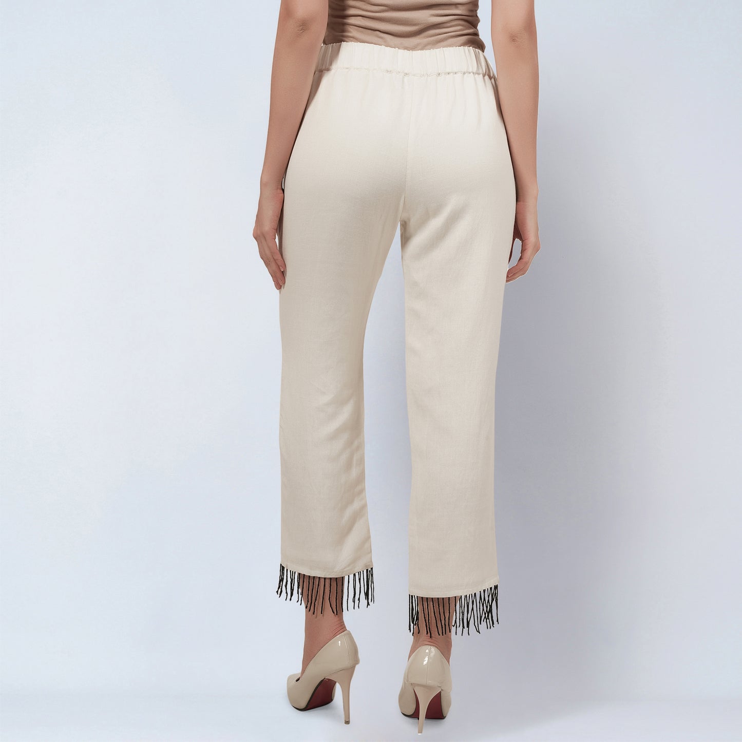 Off White Linen Pants with Bead Lace