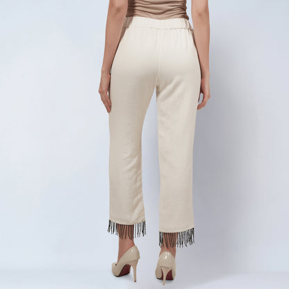 Off White Linen Pants with Bead Lace