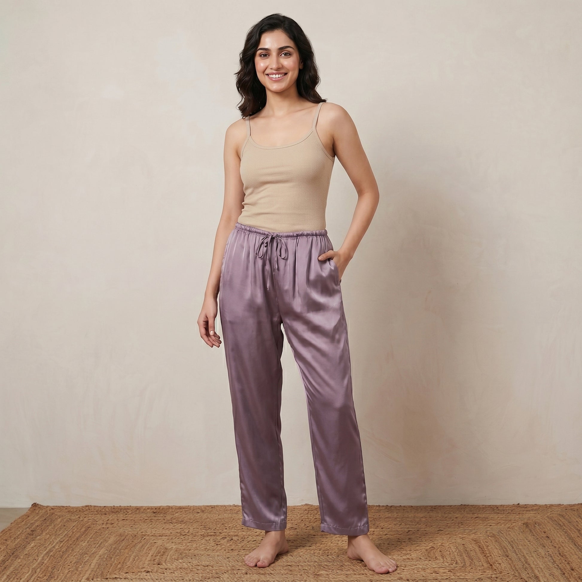 Purple Pants for Women – Polyester Satin | First Resort by Ramola Bachchan