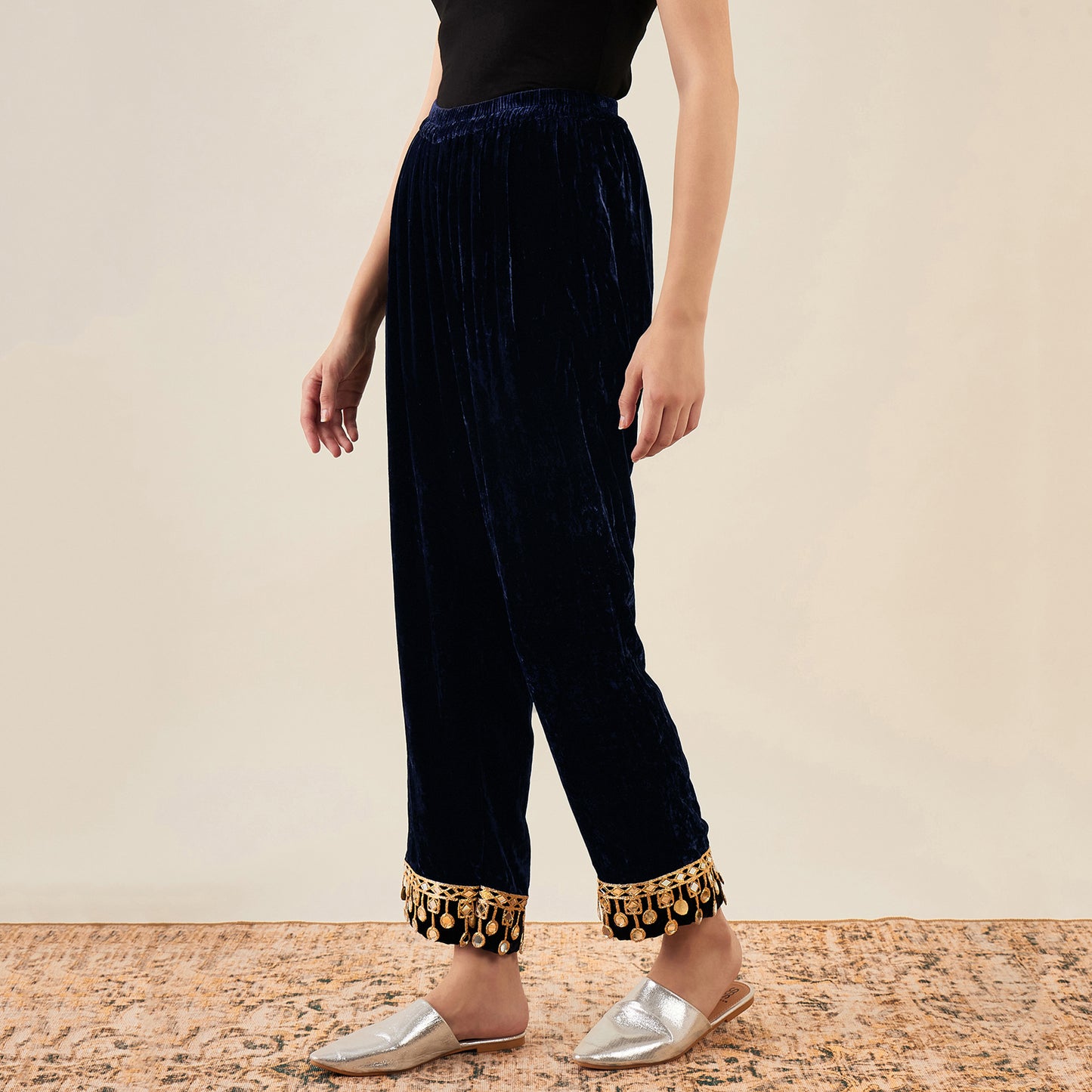 Blue Silk Velvet Straight Pants with Mirror Lace Detail