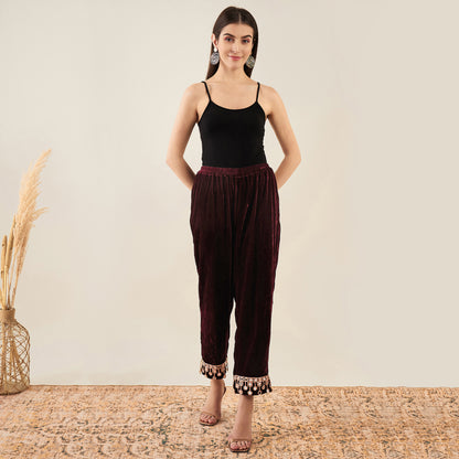 Maroon Silk Velvet Straight Pants with Mirror Lace Detail