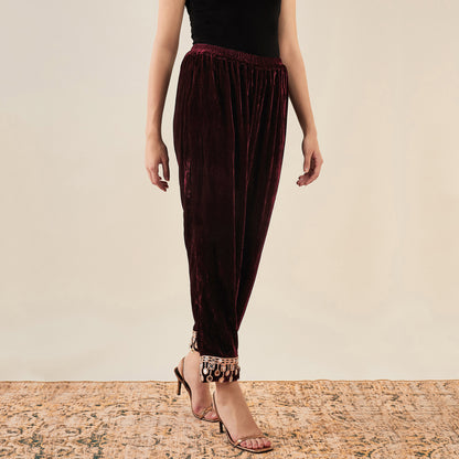Maroon Silk Velvet Straight Pants with Mirror Lace Detail