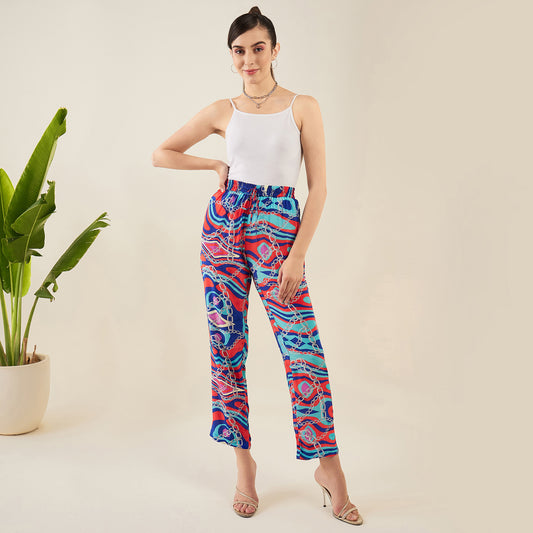 Blue and Red Marine Wave Print Pants