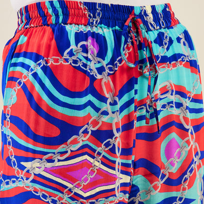 Blue and Red Marine Wave Print Pants