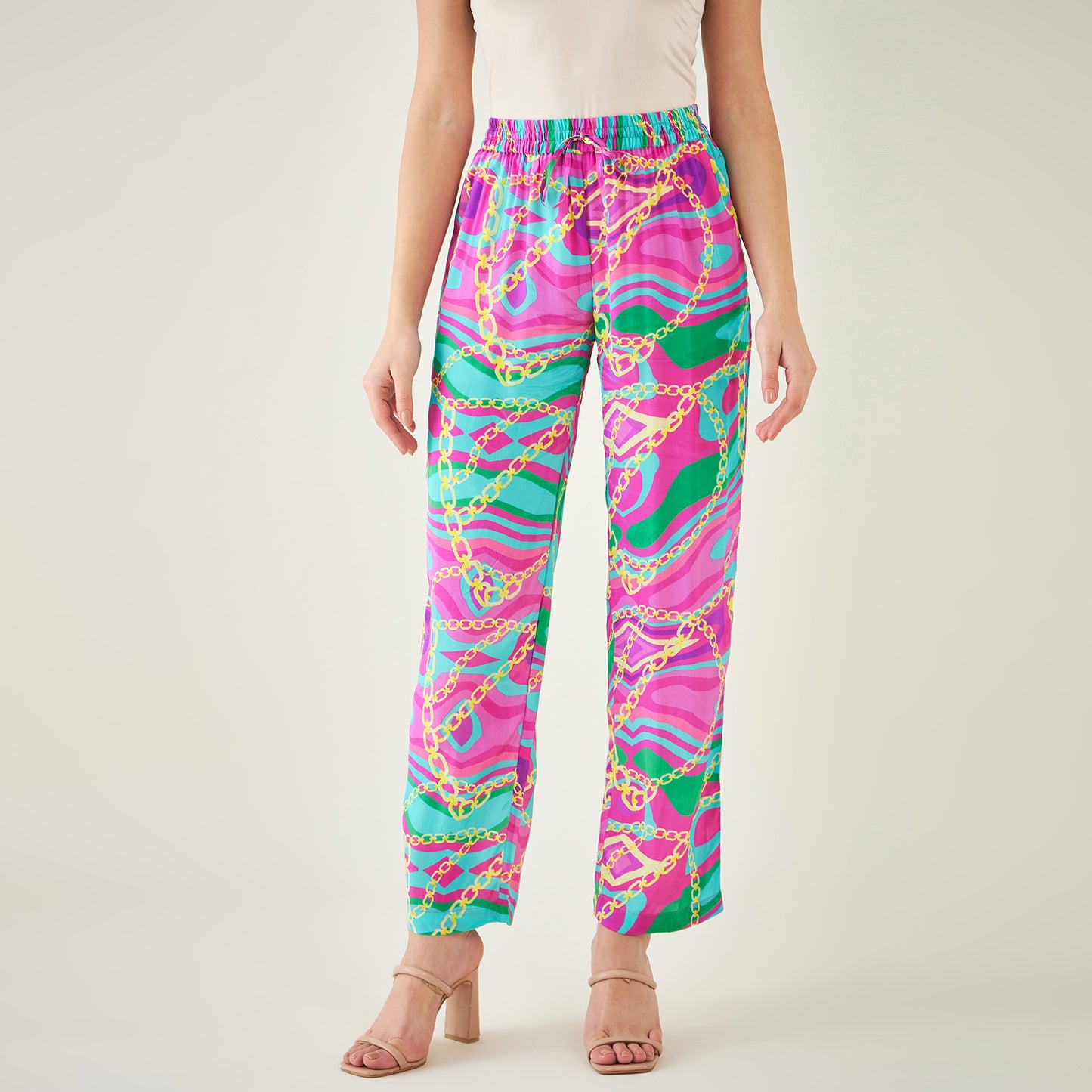 Pink and Green Marine Wave Print Pants