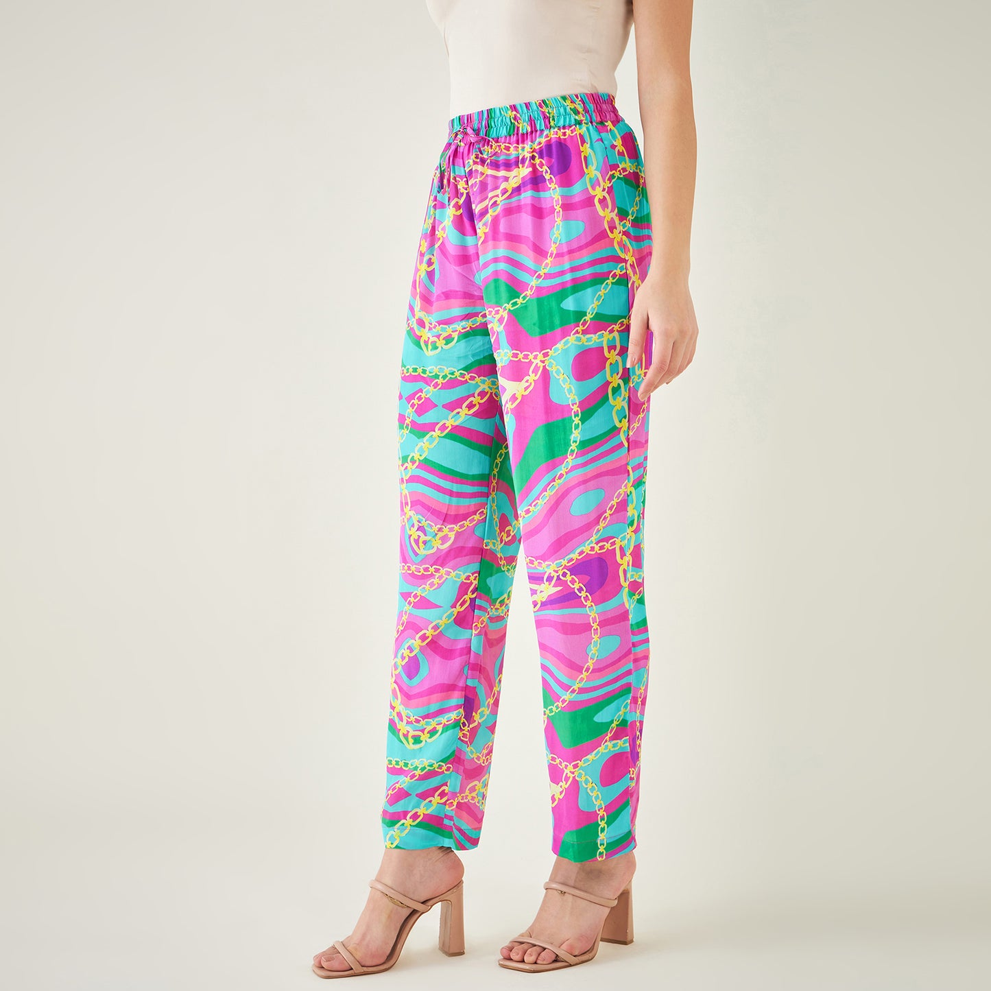 Pink and Green Marine Wave Print Pants
