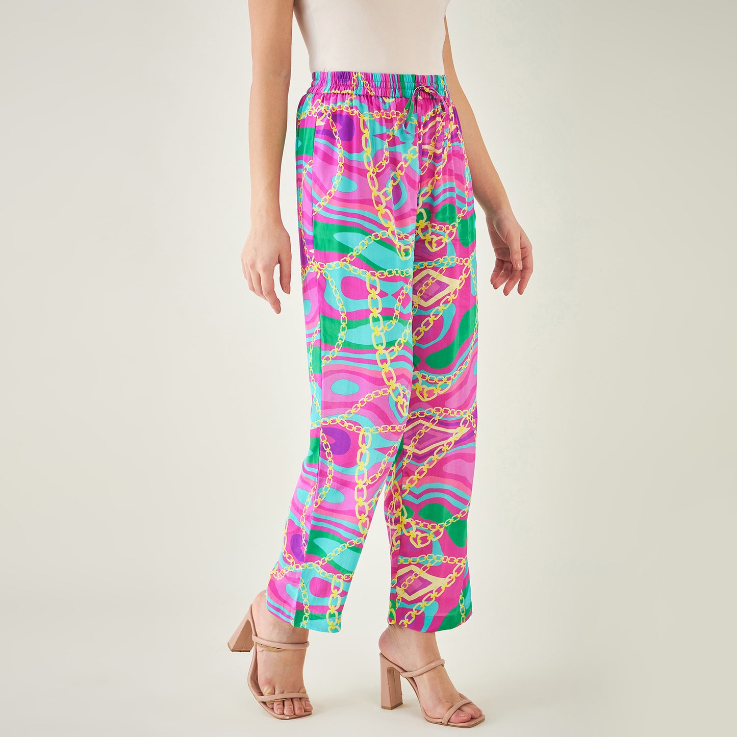 Pink and Green Marine Wave Print Pants