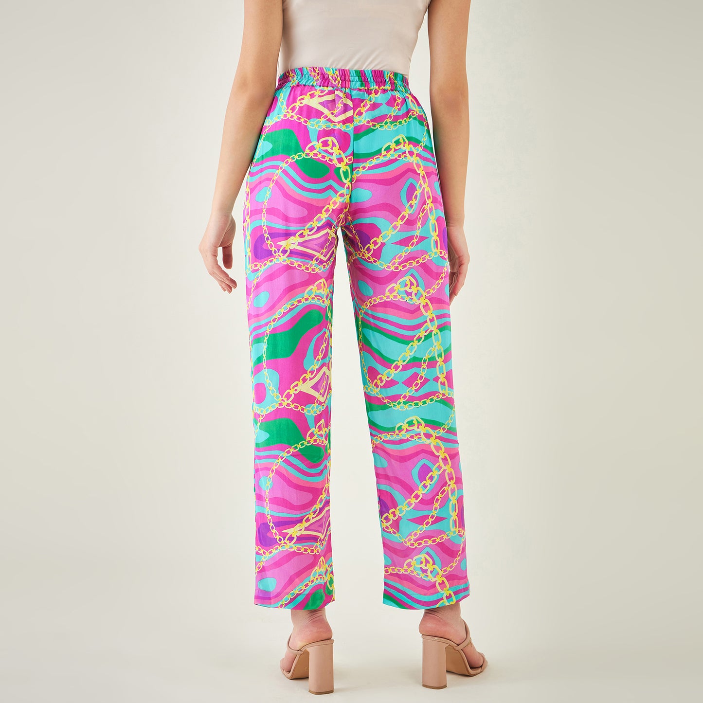 Pink and Green Marine Wave Print Pants
