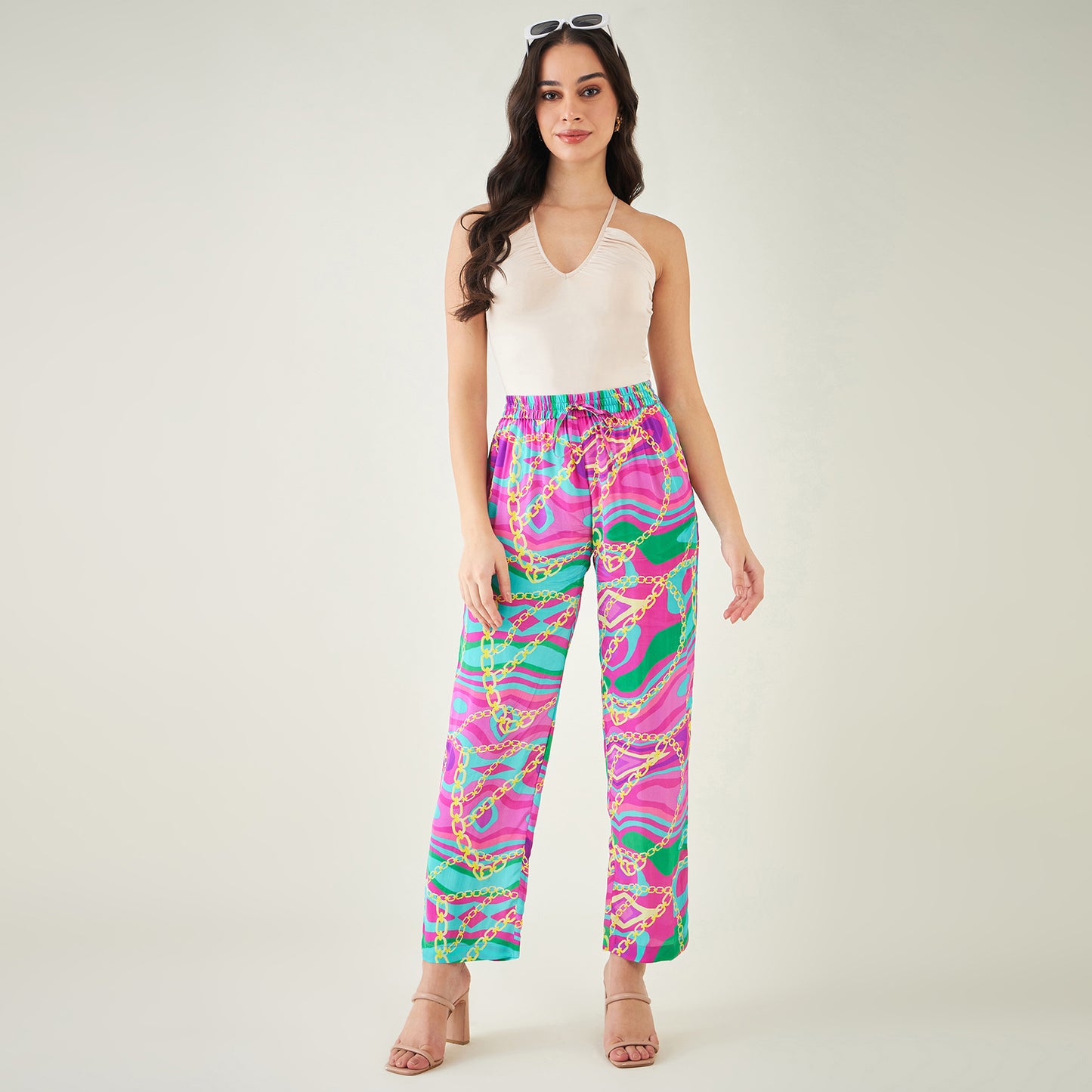 Pink and Green Marine Wave Print Pants