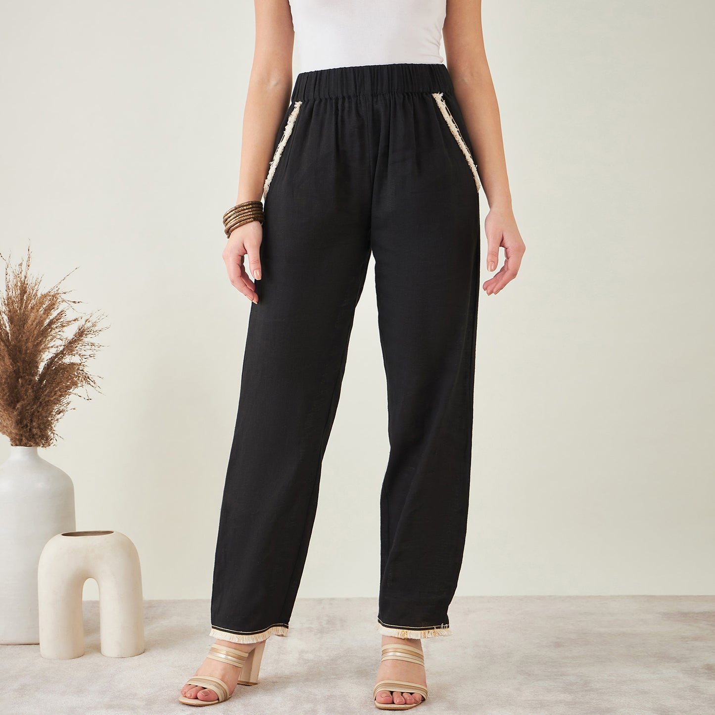 Black Linen Pants with Lace Detail
