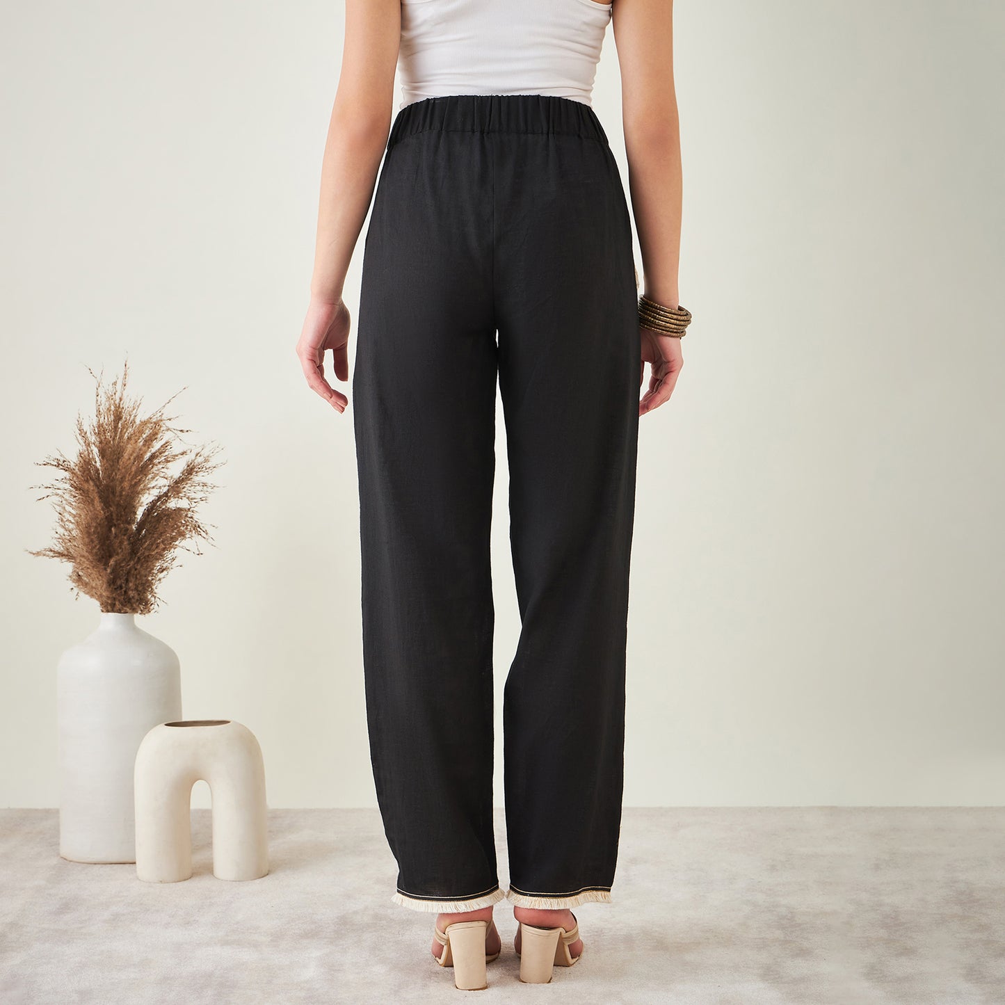Black Linen Pants with Lace Detail