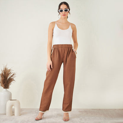 Brown Linen Pants with Lace Detail
