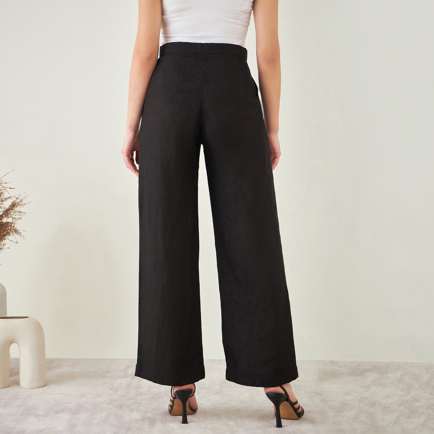 Black Linen High-Waisted Straight Pants
