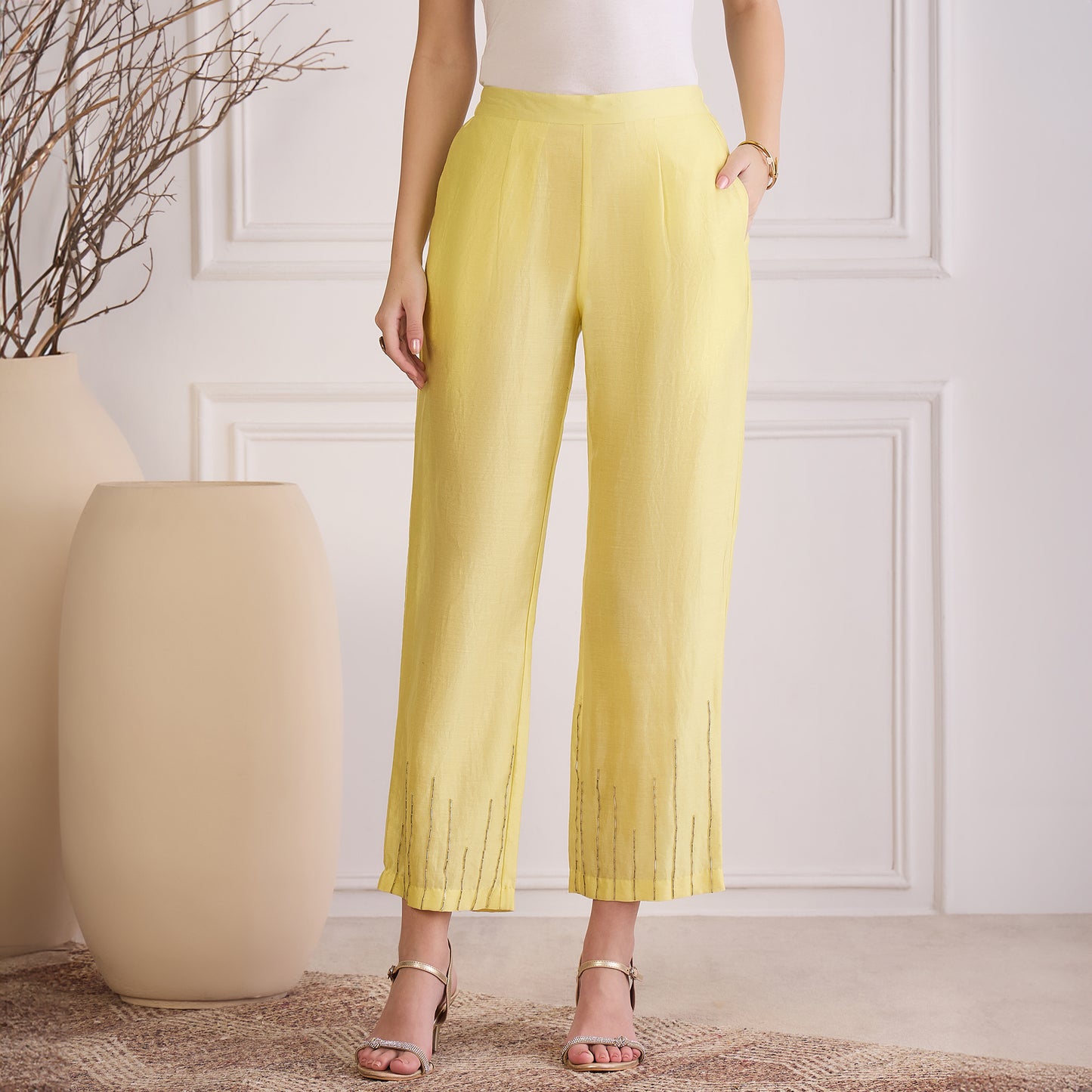 Yellow Hand Embroidered Pants
